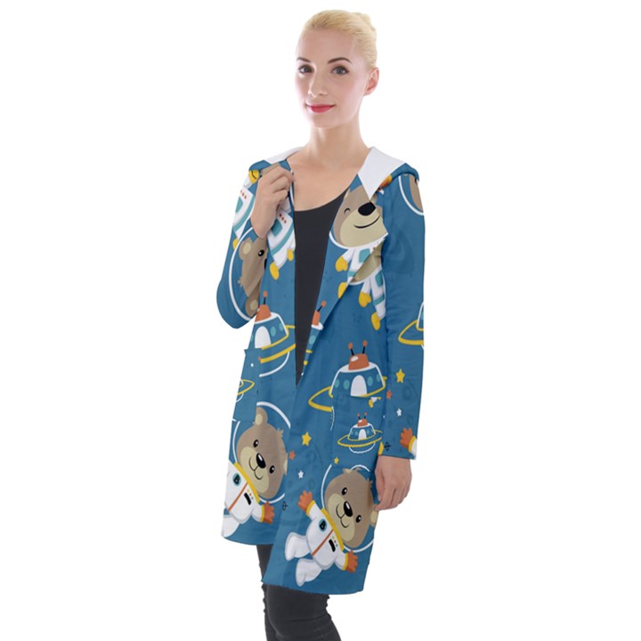 Seamless-pattern-funny-astronaut-outer-space-transportation Hooded Pocket Cardigan