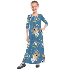 Seamless-pattern-funny-astronaut-outer-space-transportation Kids  Quarter Sleeve Maxi Dress