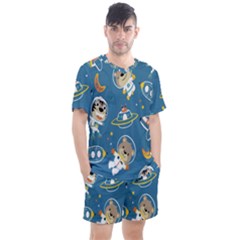 Seamless-pattern-funny-astronaut-outer-space-transportation Men s Mesh Tee And Shorts Set