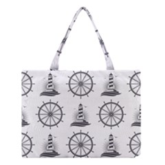 Marine-nautical-seamless-pattern-with-vintage-lighthouse-wheel Medium Tote Bag by Jancukart