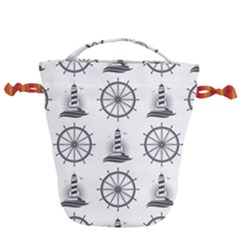 Marine-nautical-seamless-pattern-with-vintage-lighthouse-wheel Drawstring Bucket Bag by Jancukart