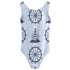 Marine-nautical-seamless-pattern-with-vintage-lighthouse-wheel Kids  Cut-out Back One Piece Swimsuit