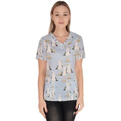 Cute-seagulls-seamless-pattern-light-blue-background Women s V-neck Scrub Top