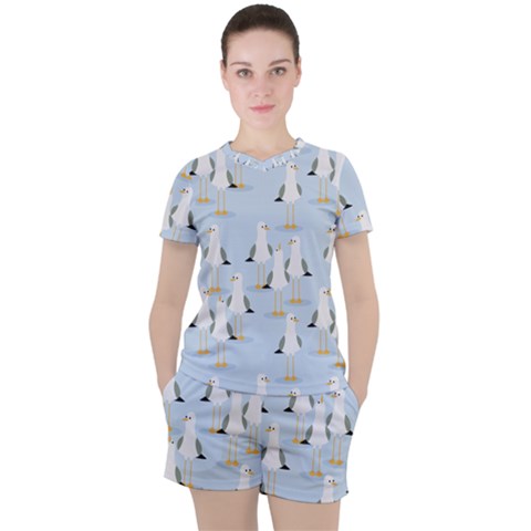 Cute-seagulls-seamless-pattern-light-blue-background Women s Tee And Shorts Set by Jancukart