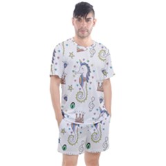 Seamless-pattern-cute-unicorn-cartoon-hand-drawn Men s Mesh Tee And Shorts Set