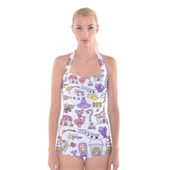 Fantasy-things-doodle-style-vector-illustration Boyleg Halter Swimsuit 