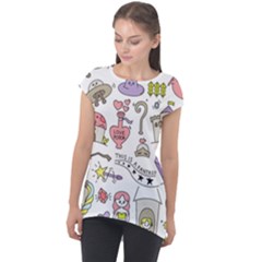 Fantasy-things-doodle-style-vector-illustration Cap Sleeve High Low Top