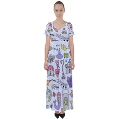 Fantasy-things-doodle-style-vector-illustration High Waist Short Sleeve Maxi Dress