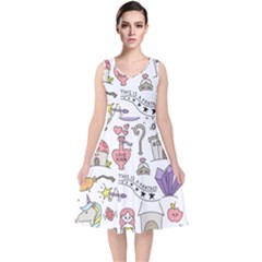 Fantasy-things-doodle-style-vector-illustration V-Neck Midi Sleeveless Dress 