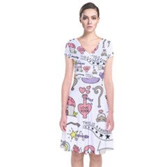 Fantasy-things-doodle-style-vector-illustration Short Sleeve Front Wrap Dress