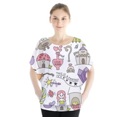 Fantasy-things-doodle-style-vector-illustration Batwing Chiffon Blouse