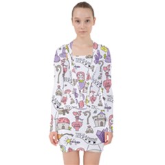 Fantasy-things-doodle-style-vector-illustration V-neck Bodycon Long Sleeve Dress by Jancukart