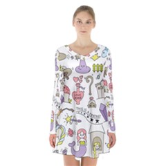 Fantasy-things-doodle-style-vector-illustration Long Sleeve Velvet V-neck Dress