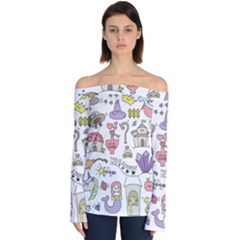 Fantasy-things-doodle-style-vector-illustration Off Shoulder Long Sleeve Top