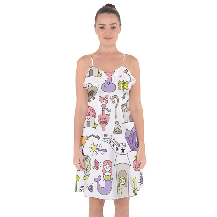 Fantasy-things-doodle-style-vector-illustration Ruffle Detail Chiffon Dress