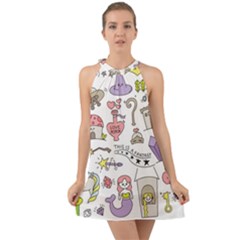 Fantasy-things-doodle-style-vector-illustration Halter Tie Back Chiffon Dress