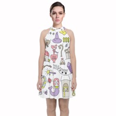 Fantasy-things-doodle-style-vector-illustration Velvet Halter Neckline Dress 