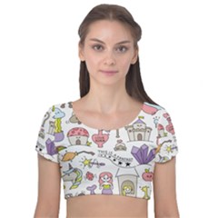 Fantasy-things-doodle-style-vector-illustration Velvet Short Sleeve Crop Top 