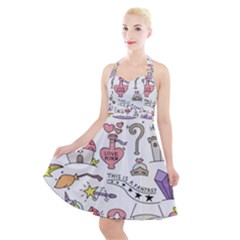 Fantasy-things-doodle-style-vector-illustration Halter Party Swing Dress 