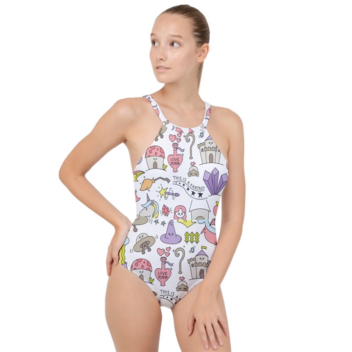 Fantasy-things-doodle-style-vector-illustration High Neck One Piece Swimsuit