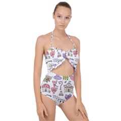 Fantasy-things-doodle-style-vector-illustration Scallop Top Cut Out Swimsuit