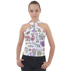 Fantasy-things-doodle-style-vector-illustration Cross Neck Velour Top