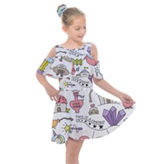 Fantasy-things-doodle-style-vector-illustration Kids  Shoulder Cutout Chiffon Dress