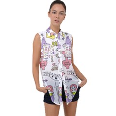 Fantasy-things-doodle-style-vector-illustration Sleeveless Chiffon Button Shirt