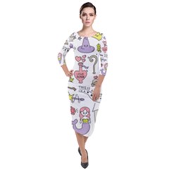 Fantasy-things-doodle-style-vector-illustration Quarter Sleeve Midi Velour Bodycon Dress