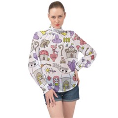 Fantasy-things-doodle-style-vector-illustration High Neck Long Sleeve Chiffon Top
