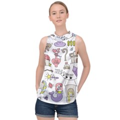 Fantasy-things-doodle-style-vector-illustration High Neck Satin Top