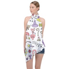 Fantasy-things-doodle-style-vector-illustration Halter Asymmetric Satin Top