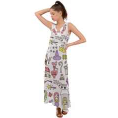 Fantasy-things-doodle-style-vector-illustration V-Neck Chiffon Maxi Dress