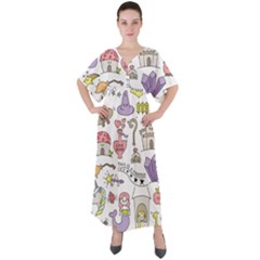 Fantasy-things-doodle-style-vector-illustration V-Neck Boho Style Maxi Dress