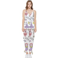 Fantasy-things-doodle-style-vector-illustration Sleeveless Tie Ankle Chiffon Jumpsuit