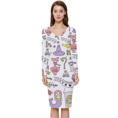 Fantasy-things-doodle-style-vector-illustration Long Sleeve V-Neck Bodycon Dress 