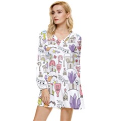 Fantasy-things-doodle-style-vector-illustration Tiered Long Sleeve Mini Dress