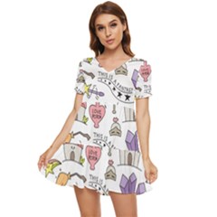 Fantasy-things-doodle-style-vector-illustration Tiered Short Sleeve Babydoll Dress