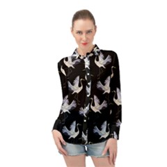 Crane-pattern Long Sleeve Chiffon Shirt