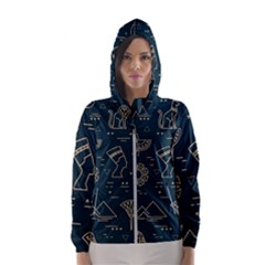 Dark-seamless-pattern-symbols-landmarks-signs-egypt -- Women s Hooded Windbreaker by Jancukart