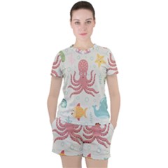 Underwater-seamless-pattern-light-background-funny Women s Tee And Shorts Set