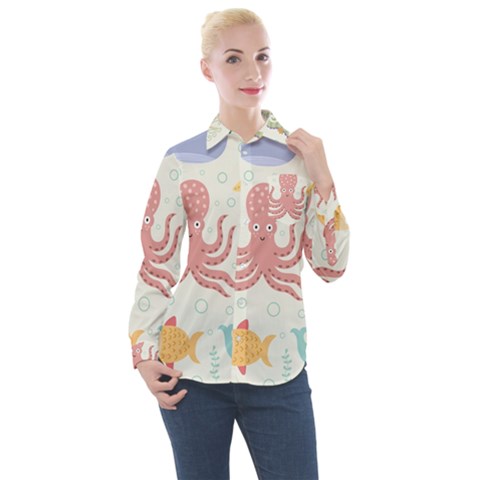 Underwater-seamless-pattern-light-background-funny Women s Long Sleeve Pocket Shirt by Jancukart