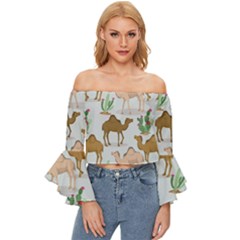 Camels-cactus-desert-pattern Off Shoulder Flutter Bell Sleeve Top by Jancukart