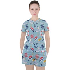 Nautical-marine-symbols-seamless-pattern Women s Tee And Shorts Set