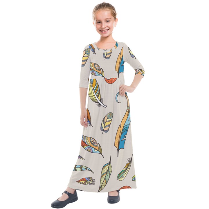 Vector-boho-doodle-feathers-seamless-pattern-illustration Kids  Quarter Sleeve Maxi Dress