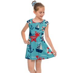 Seamless-pattern-nautical-icons-cartoon-style Kids  Cap Sleeve Dress