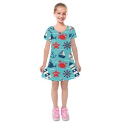 Seamless-pattern-nautical-icons-cartoon-style Kids  Short Sleeve Velvet Dress by Jancukart