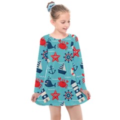 Seamless-pattern-nautical-icons-cartoon-style Kids  Long Sleeve Dress by Jancukart