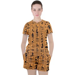 Egyptian-hieroglyphs-ancient-egypt-letters-papyrus-background-vector-old-egyptian-hieroglyph-writing Women s Tee And Shorts Set