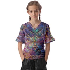 Dragon Fractal Pattern Texture Kids  V-neck Horn Sleeve Blouse by Wegoenart